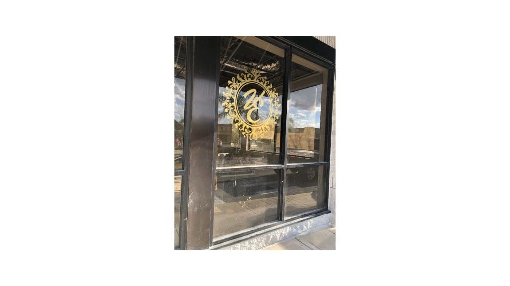 glass sign on window.